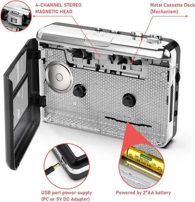 Alt view image 4 of 7 - Cassette Player - Compact Tape Player Portable Recorder with Earphone-Convert Audio Music Cassette to MP3 Digital Compatible with Laptop/PC/MAC- for Entertainment Travel Light Sports(Silver)