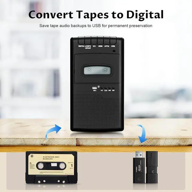 Alt view image 2 of 6 - Retro Cassette Player Recorder with Independent Microphone Cassette USB Digital Converter with Reverse Recording Portable Tape USB Audio Player with Earphone Retractable Handle