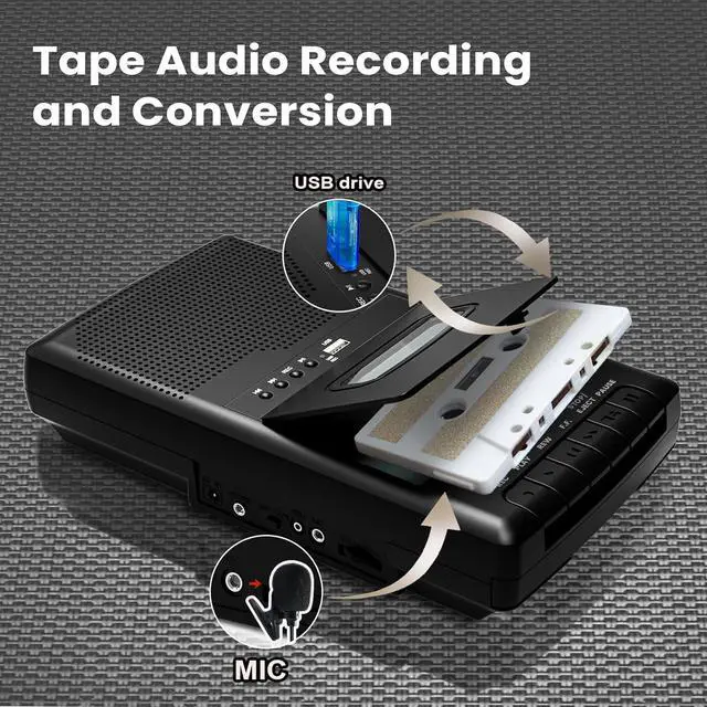 Alt view image 2 of 6 - Cassette Player & Recorder with USB Lapel Microphone - USB Player & Portable Tape to MP3 Digital Converter with Headphone Jack Dual Power (AC/Battery) Retractable Carry Handle