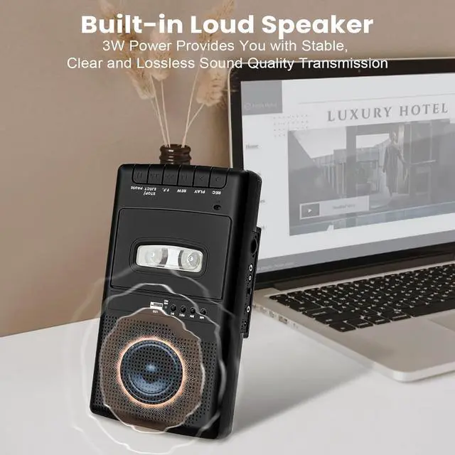 Alt view image 4 of 6 - Cassette Player & Recorder with USB Lapel Microphone - USB Player & Portable Tape to MP3 Digital Converter with Headphone Jack Dual Power (AC/Battery) Retractable Carry Handle