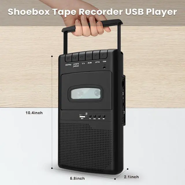 Alt view image 5 of 6 - Cassette Player & Recorder with USB Lapel Microphone - USB Player & Portable Tape to MP3 Digital Converter with Headphone Jack Dual Power (AC/Battery) Retractable Carry Handle