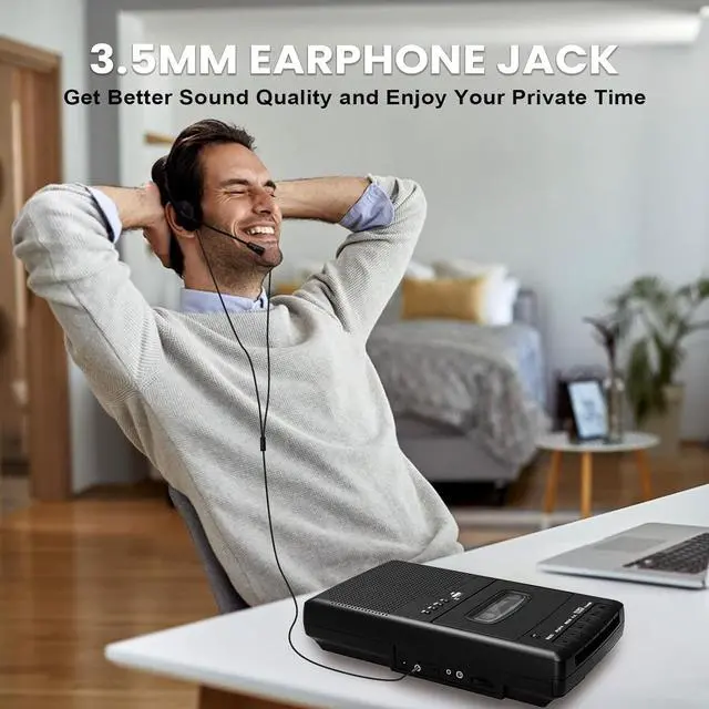 Alt view image 6 of 6 - Cassette Player & Recorder with USB Lapel Microphone - USB Player & Portable Tape to MP3 Digital Converter with Headphone Jack Dual Power (AC/Battery) Retractable Carry Handle