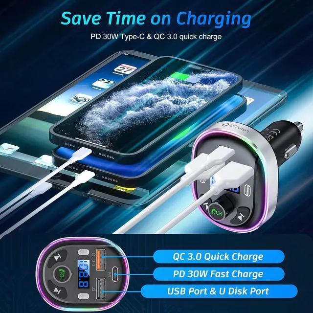 Alt view image 3 of 7 - ? Bluetooth 5.3 FM Transmitter for Car Bluetooth Car Adapter PD 30W & QC3.0 18W Fast Car Charger Wireless FM Radio Music Adapter Stronger Dual Mics/7 Colored LED Backlit/Hands-Free Calling