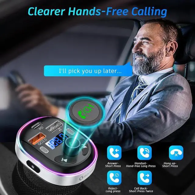 Alt view image 4 of 7 - ? Bluetooth 5.3 FM Transmitter for Car Bluetooth Car Adapter PD 30W & QC3.0 18W Fast Car Charger Wireless FM Radio Music Adapter Stronger Dual Mics/7 Colored LED Backlit/Hands-Free Calling