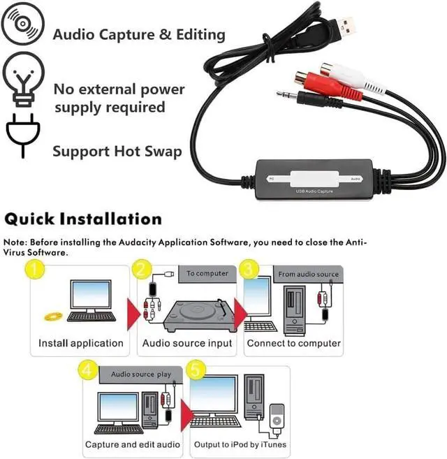 Alt view image 3 of 7 - USB Audio Capture Recorder Card Converts Turntable LP/Cassette Tape Audio to MP3/WAV Digital Music Converter Adapter Support XP/Vista/7/8/8.1/10 and .