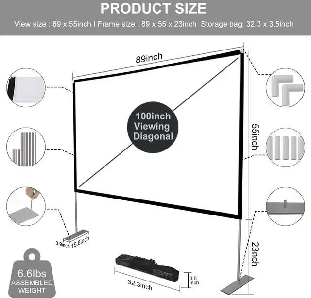 Alt view image 3 of 7 - Outdoor Projector Screen with Stand 100 Inch: Portable Projection Screen for Outside Theater Home Backyard Movies