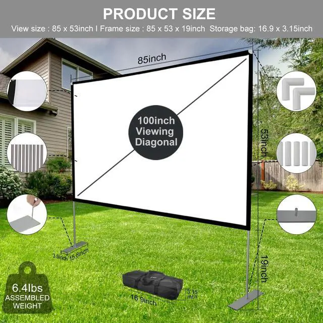 Alt view image 2 of 6 - Outdoor Projector Screen with Stand 100 Inch: Portable Projection Screen 16:10 4K HD Outdoor Movie Screen with Carry Bag for Home Backyard Theater