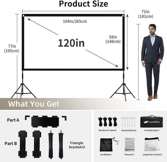 Alt view image 2 of 6 - Projector Screen with Stand Wootfairy 120 inch Portable and Foldable Indoor Outdoor Projection Screen 16:9 4K HD Rear Front Wrinkle-Free Movie Screen with Carry Bag for Home Theater Backyard Cinema