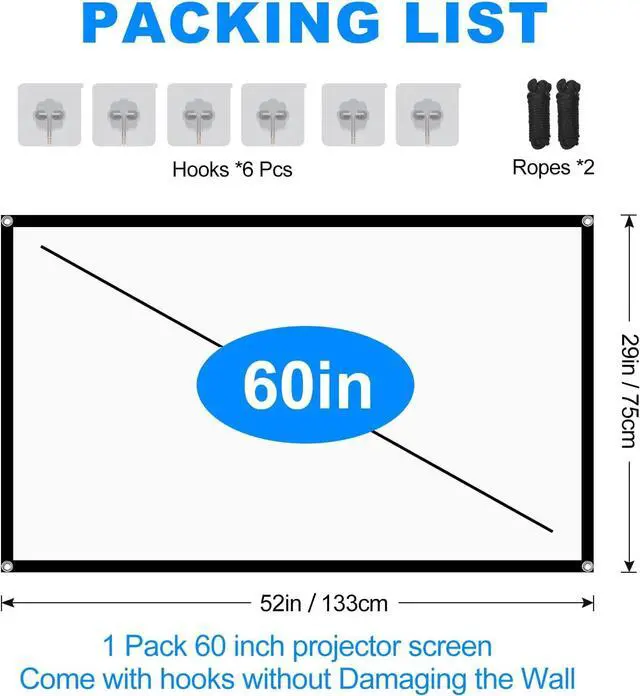 Alt view image 7 of 7 - 60 Inch Projector Screen 4K 16:9 HD Portable Projection Movie Screen Anti-Crease Indoor Outdoor Simple Install Easy Carrying Projection Screen for Home Theater Backyard