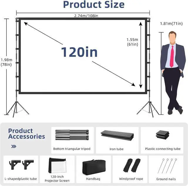 Alt view image 5 of 7 - Projector Screen Outdoor Projector Screen with Stand Portable 120 Foldable ProjectorScreen 10 Feet Indoor Movie-Screen with Carrying Bag for Home Theater Backyard Movie Night