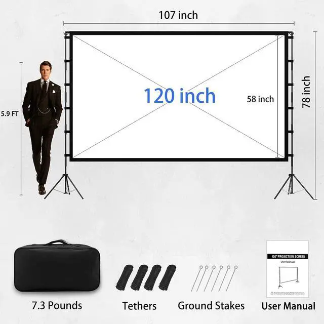 Alt view image 2 of 7 - 120 inch Projection Screen with Stand 16:9 Foldable Anti-Crease Movie Portable Projector Screen with Carrying Bag for Outdoor Indoor Home Theater Office Classroom Party Games