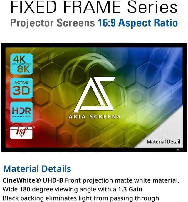 Alt view image 3 of 7 - Akia Screens Fixed Frame Projector Screen 100 inch 16:9 8K 4K Ultra HD 3D Ready Wall Mount CINEWHITE UHD-B 100 Projection Screen for Indoor Movie Video Home Theater Cinema Office AK-FF100WH2
