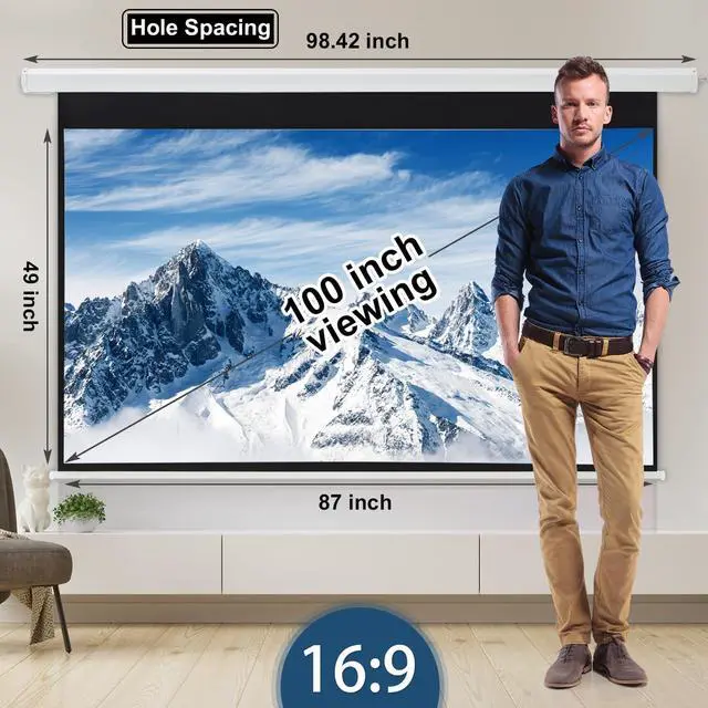 Alt view image 4 of 7 - Projector Screen Motorized 100 16:9 4K 3D HD Electric Projector Screen Wall Mounted Automatic Ceiling Retractable Drop Down Projection Screen with Remote Movie Screen for Indoor Outdoor Use