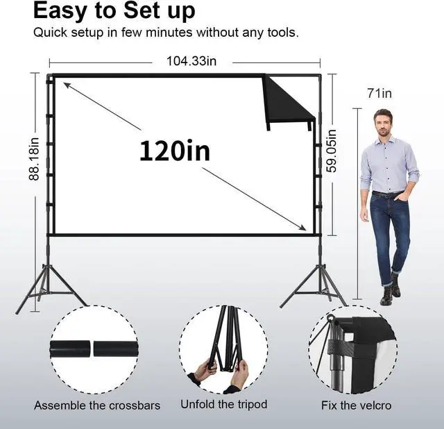 Alt view image 3 of 6 - Outdoor Projector Screen with Stand 120 inch Portable Projector Screen Black Backing Indoor Projection Screen 16:9 4K HD Wrinkle-Free Movie Screen with Carry Bag for Backyard Movie Night
