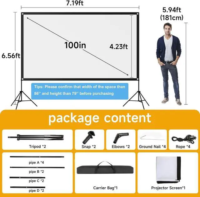 Alt view image 4 of 7 - Outdoor Projector Screen with Stand 100 inch Foldable Projector Screens with Portable Carry Bag 16:9 4k HD Rear Front Wrinkle-Free Projection Screen for Movie Night and Indoor Home Theater