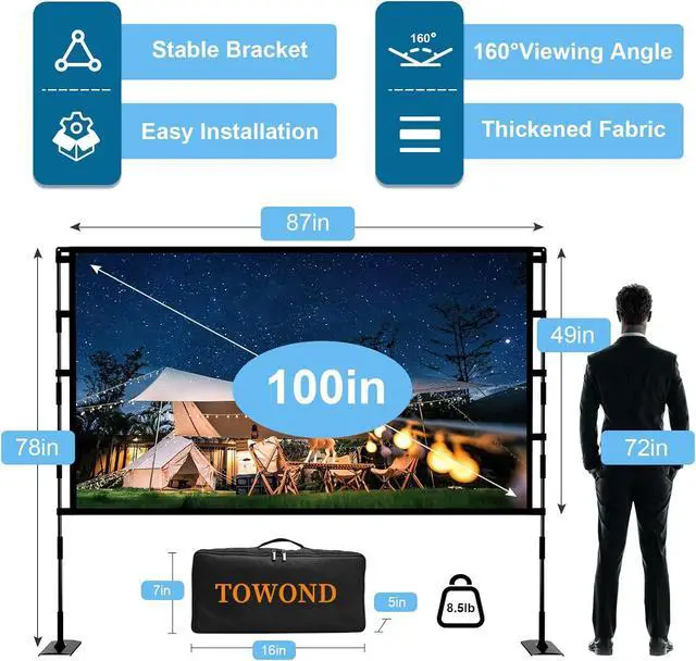 Alt view image 3 of 7 - Projector Screen and Stand Towond 100 inch Outdoor Projector Screen Indoor Portable Movie Screen 16:9 4K Front Rear Projection Screen with Carry Bag Wrinkle-Free Design for Home Backyard Theater