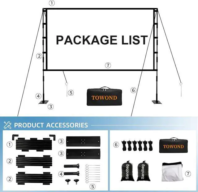 Alt view image 5 of 7 - Projector Screen and Stand Towond 100 inch Outdoor Projector Screen Indoor Portable Movie Screen 16:9 4K Front Rear Projection Screen with Carry Bag Wrinkle-Free Design for Home Backyard Theater