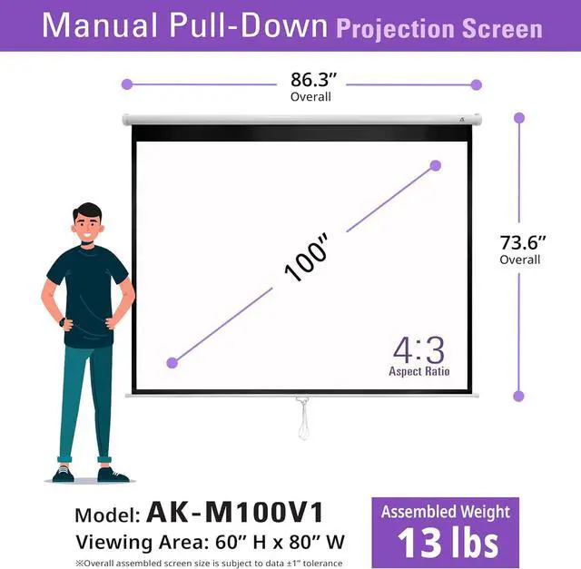 Alt view image 5 of 7 - Akia Screens 100 inch Projector Screen Pull Down Manual B 4:3 or 92 16:9 95 16:10 8K 4K HD 3D Ceiling Wall Mount White Portable Projection Screen for Indoor Movie Home Theater Office AK-M100V1