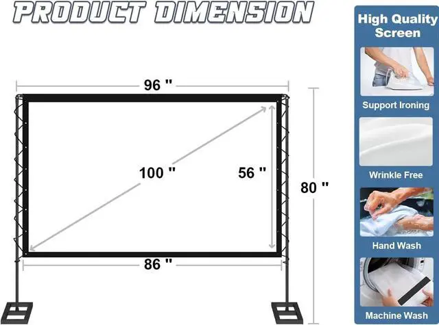 Alt view image 2 of 7 - 100 inch Outdoor Projector Screen with Stand Portable Projector Screen 16:9 HD 4K Movies Screen with Carry Bag for Outside Backyard Indoor Wrinkle-Free Screen for Home Theater