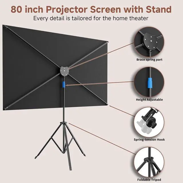 Alt view image 6 of 7 - Projector Screen with Stand 80 Inch Portable Projector Screen Outdoor Indoor 1.5 Gain ALR Projection Screen Anti Light 4K Ultra HD 16:9 Outdoor Movie PVC Screen for Movie Night (Grey Screen)