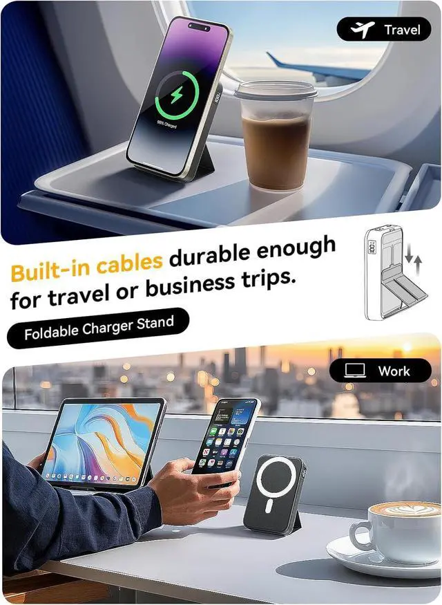 Alt view image 7 of 7 - 20000mAh Ultra-Portable-Charger-Power-Bank with Built in Cables&AC Wall Plug PD20W USB-C Fast Charging Cell Phone Charger Battery Pack LED Display Travel Battery Bank for All iPhone  Android