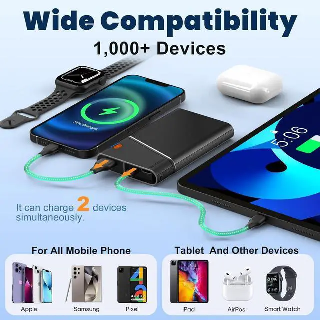 Alt view image 6 of 7 - Portable Charger Power Bank, 10000mAh 22.5W PD Super Fast Charging Powerbank with Built-in USB C in&Out Cable, Slim Battery Pack for iPhone 16/15 Samsung S24 Android, 2 Pack