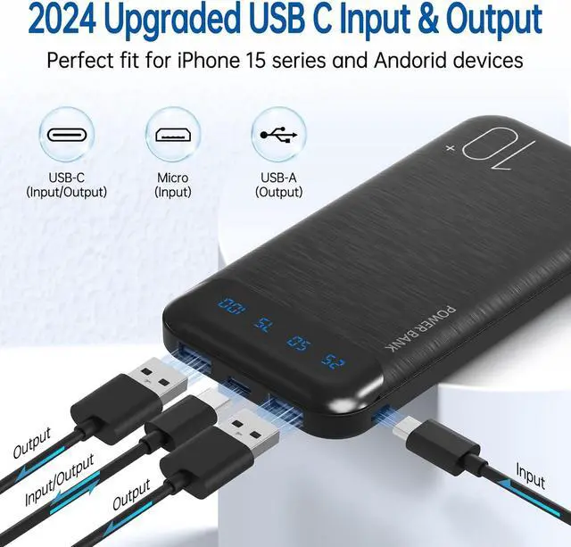 Alt view image 2 of 7 - Power Bank 10000mAh Portable Charger Slim External Battery Pack with 2 USB 2.4A Outputs and USB C In/Out Compatible with  iPhone 16 15 14 13 12 iPad  Galaxy S20 Android Tablet (Black)