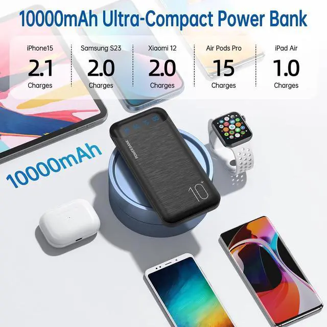 Alt view image 3 of 7 - Power Bank 10000mAh Portable Charger Slim External Battery Pack with 2 USB 2.4A Outputs and USB C In/Out Compatible with  iPhone 16 15 14 13 12 iPad  Galaxy S20 Android Tablet (Black)
