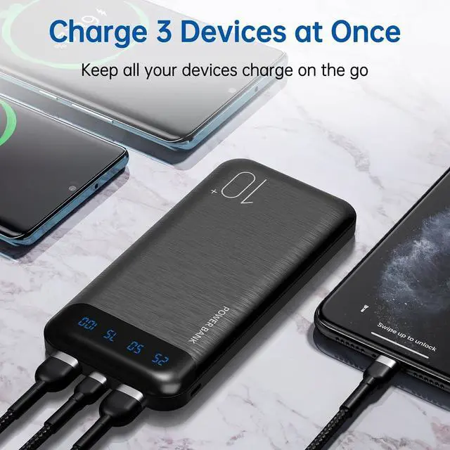 Alt view image 4 of 7 - Power Bank 10000mAh Portable Charger Slim External Battery Pack with 2 USB 2.4A Outputs and USB C In/Out Compatible with  iPhone 16 15 14 13 12 iPad  Galaxy S20 Android Tablet (Black)
