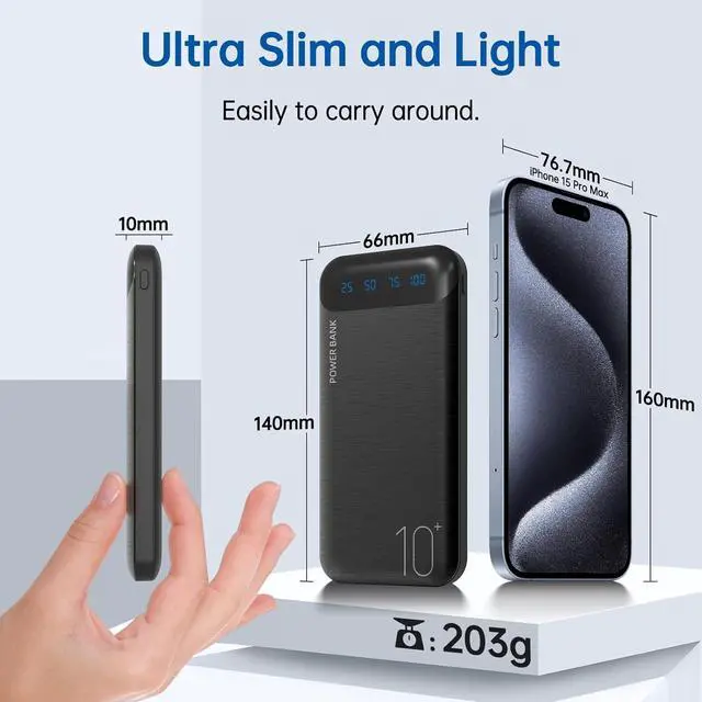 Alt view image 6 of 7 - Power Bank 10000mAh Portable Charger Slim External Battery Pack with 2 USB 2.4A Outputs and USB C In/Out Compatible with  iPhone 16 15 14 13 12 iPad  Galaxy S20 Android Tablet (Black)