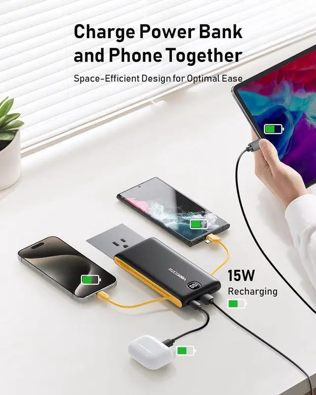 Alt view image 4 of 7 - Portable Charger Power Bank Built in Cables and Wall Plug, 10000mAh iPhone Battery Pack Fast Charging, USB C External Slim Power Bank, Travel Essentials Compatible with iPhone 16 15 14 13 Samsung iPad