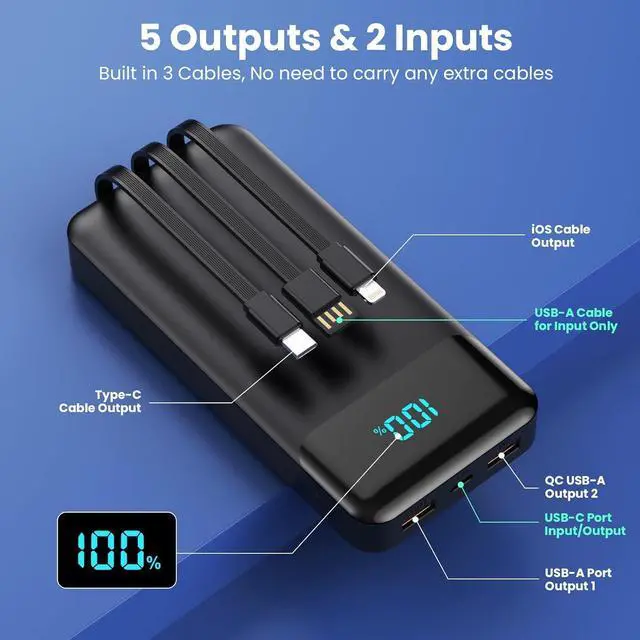 Alt view image 2 of 7 - Portable Charger 40800mAh Power Bank with 3 Built-in Cable 25W PD USB C in&Out Power Bank Fast Phone Charging QC4.0 LED Display Portable Battery Pack Compatible with iPhone 16/15 Galaxy Android-Black