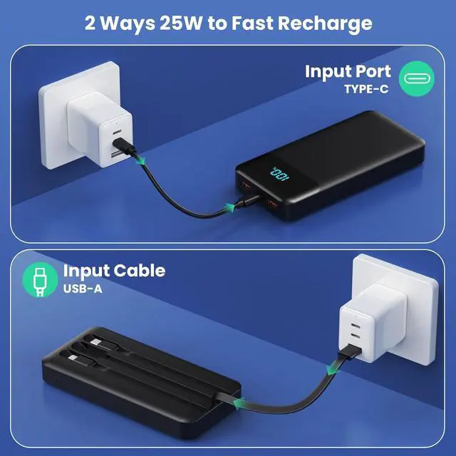 Alt view image 6 of 7 - Portable Charger 40800mAh Power Bank with 3 Built-in Cable 25W PD USB C in&Out Power Bank Fast Phone Charging QC4.0 LED Display Portable Battery Pack Compatible with iPhone 16/15 Galaxy Android-Black