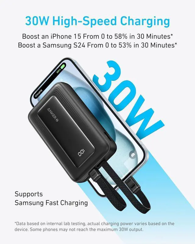 Alt view image 3 of 6 - Anker Zolo Power Bank, 10,000mAh 30W Max Fast Portable Charger with Built-in USB-C and MFi Certified Lightning Cables, USB-C&A, Battery Pack for iPhone 16/15 Series, MacBook, Galaxy (Black)