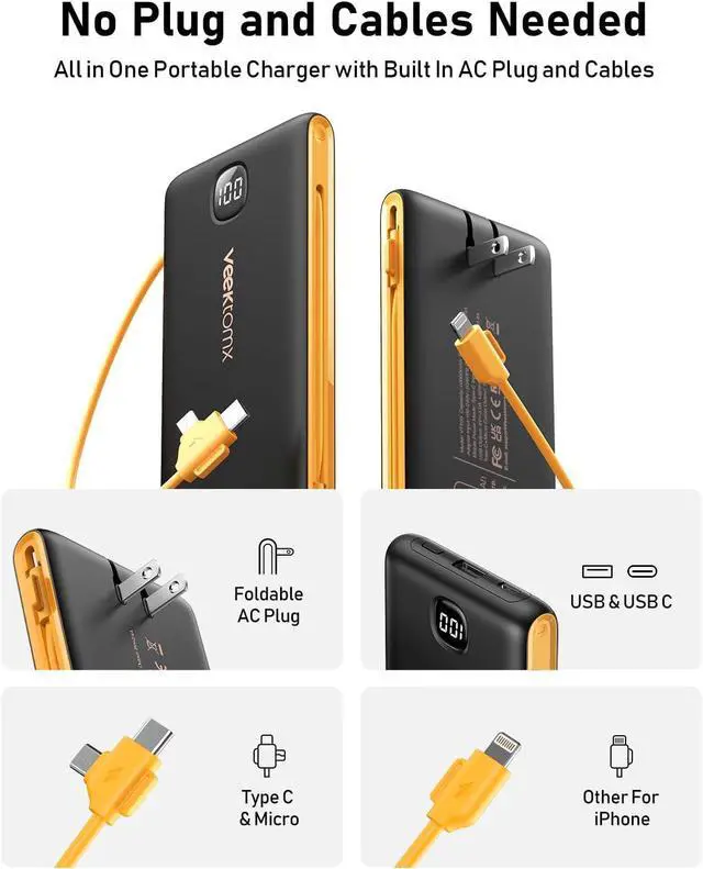 Alt view image 2 of 7 - Portable Charger Power Bank Built in Cables and Wall Plug, 10000mAh iPhone Battery Pack Fast Charging, USB C External Slim Power Bank, Travel Essentials Compatible with iPhone 16 15 14 13 Samsung iPad