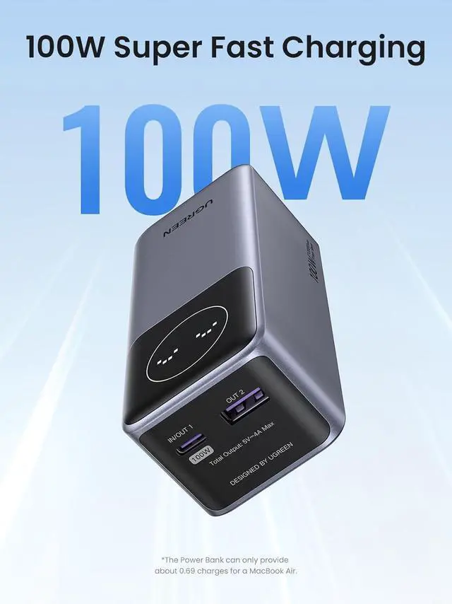 Alt view image 2 of 7 - UGREEN Nexode Power Bank 12000mAh 100W PD PPS Fast Charging Portable Charger Battery Pack with 1USB-C 1USB-A and Smart Display for MacBook Air/ipad/iPhone 16/Galaxy S24/Steam Deck/Google etc