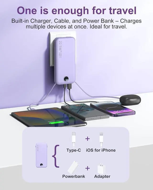 Alt view image 4 of 7 - Portable Charger 12000mAh 22.5W USB C Fast Charging Power Bank with Built-in Cables and AC Wall Plug Smart LED Display Travel Essentials Battery Pack Compatible with iPhone iPad  etc Purple