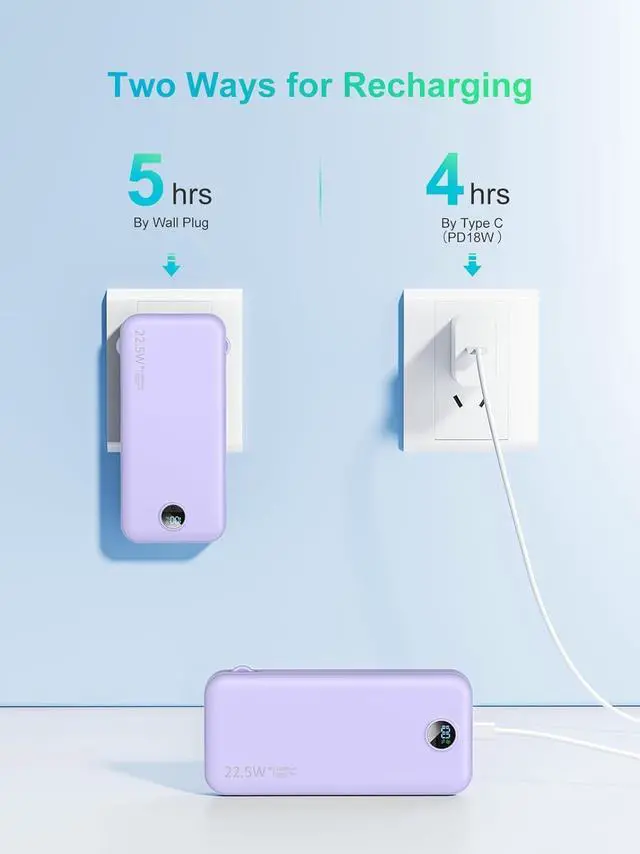 Alt view image 7 of 7 - Portable Charger 12000mAh 22.5W USB C Fast Charging Power Bank with Built-in Cables and AC Wall Plug Smart LED Display Travel Essentials Battery Pack Compatible with iPhone iPad  etc Purple
