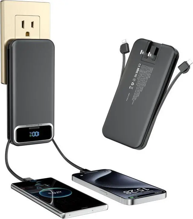 Main image of Portable-Charger Power-Bank with Built-in Cables & AC Wall Plug - 12000mAh PD 20W Fast Charging for iPhone,Android, USB-C,Rechargeable External Battery Pack for Cell Phone,Type C cords,Travel Black