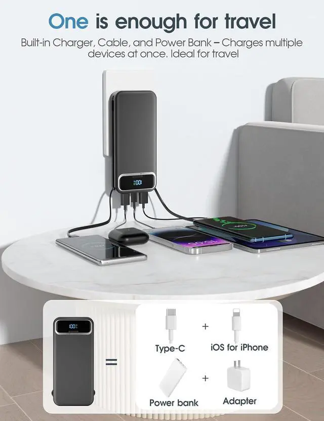 Alt view image 2 of 7 - Portable-Charger Power-Bank with Built-in Cables & AC Wall Plug - 12000mAh PD 20W Fast Charging for iPhone,Android, USB-C,Rechargeable External Battery Pack for Cell Phone,Type C cords,Travel Black