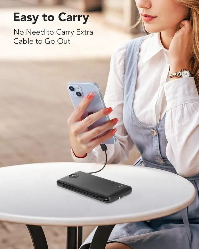 Alt view image 5 of 7 - Portable Charger Built-in Cables and AC Wall Plug USB C Power Bank 10000mAh Travel Essentials Phone Charger Compact Lightweight External Battery Pack for Smart Phones Tablets-Pure Black