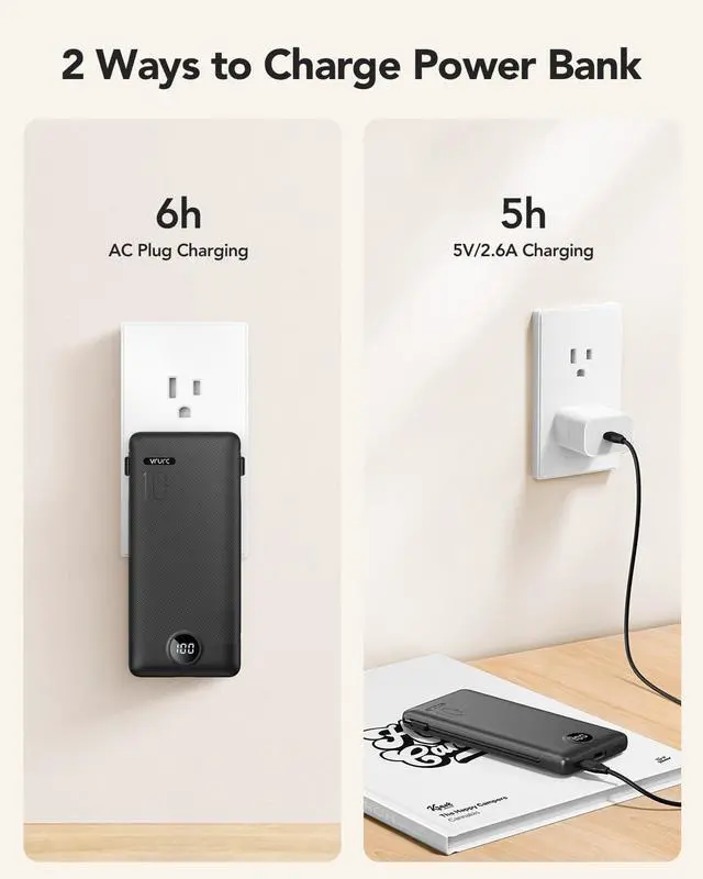 Alt view image 4 of 7 - Portable Charger Built-in Cables and AC Wall Plug USB C Power Bank 10000mAh Travel Essentials Phone Charger Compact Lightweight External Battery Pack for Smart Phones Tablets-Pure Black