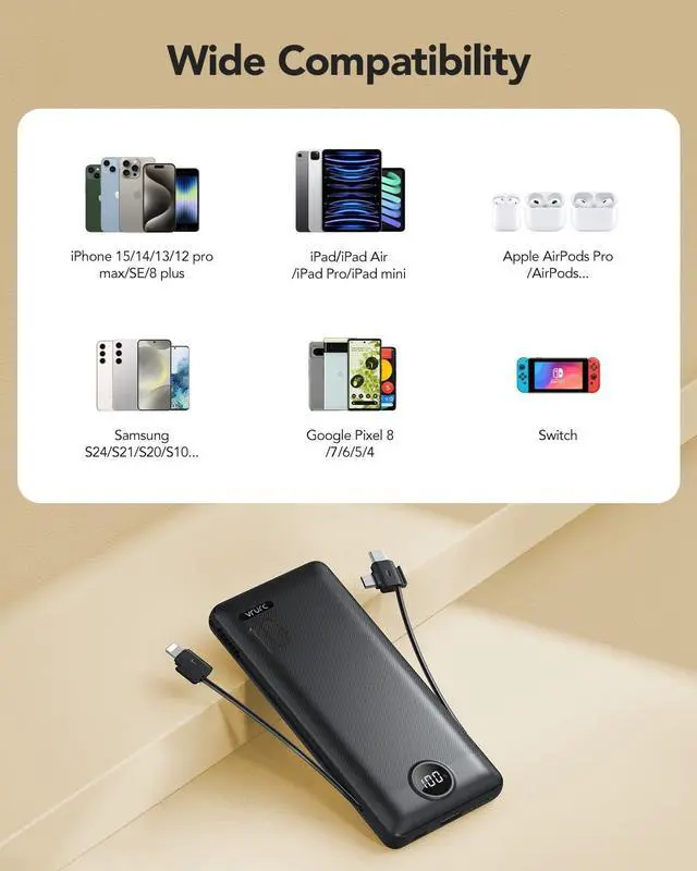 Alt view image 7 of 7 - Portable Charger Built-in Cables and AC Wall Plug USB C Power Bank 10000mAh Travel Essentials Phone Charger Compact Lightweight External Battery Pack for Smart Phones Tablets-Pure Black
