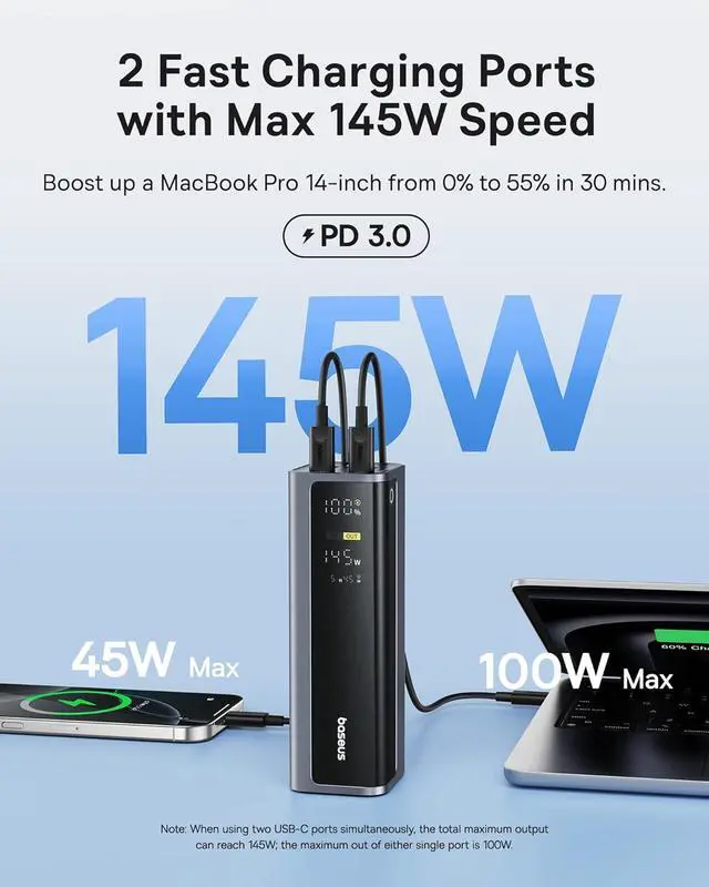 Alt view image 2 of 7 - 145W Power Bank 20 800mAh 4-Port Laptop Portable Charger (77Wh) PD Fast Charging Battery Pack with Digital Display for MacBook iPhone 16/15/14/13/12 Series   Steam Deck