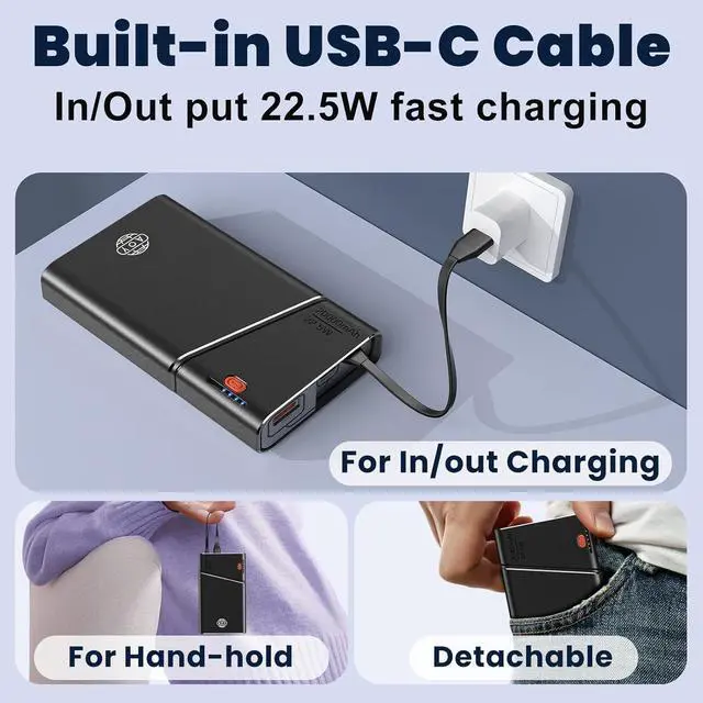 Alt view image 6 of 7 - Portable Charger Power Bank 20000mAh - 22.5W PD Super Fast Charging with Detachable Cable  USB-C in&Out Travel Essential Battery Pack Compatible with iPhone 16/15/14/13 iPad MacBook  Moto ect