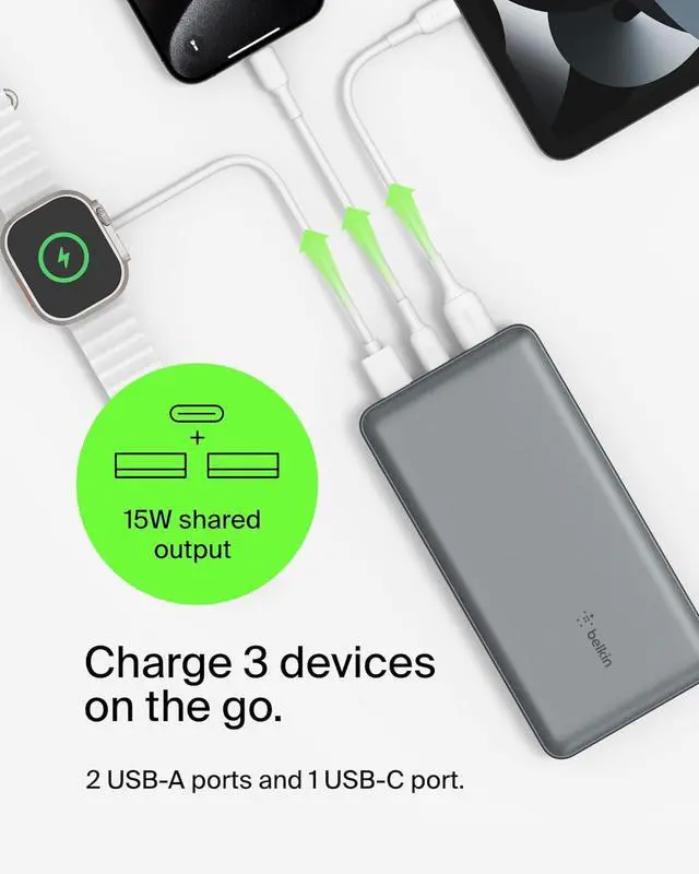 Alt view image 2 of 7 - Portable Charger USB-C Power Bank 20 000mAh w/ 2 USB-A Ports 15W w/A to C Cable for iPhone 16 15  Galaxy S25 Pixel iPad Nintendo Switch 2 & More - Gray