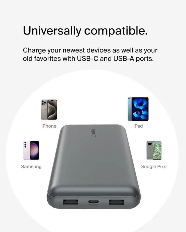 Alt view image 5 of 7 - Portable Charger USB-C Power Bank 20 000mAh w/ 2 USB-A Ports 15W w/A to C Cable for iPhone 16 15  Galaxy S25 Pixel iPad Nintendo Switch 2 & More - Gray