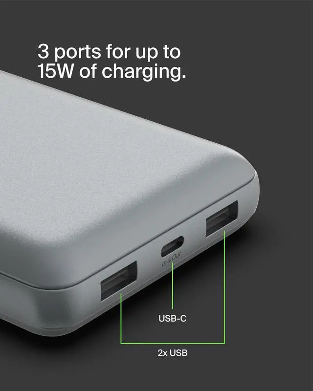 Alt view image 6 of 7 - Portable Charger USB-C Power Bank 20 000mAh w/ 2 USB-A Ports 15W w/A to C Cable for iPhone 16 15  Galaxy S25 Pixel iPad Nintendo Switch 2 & More - Gray