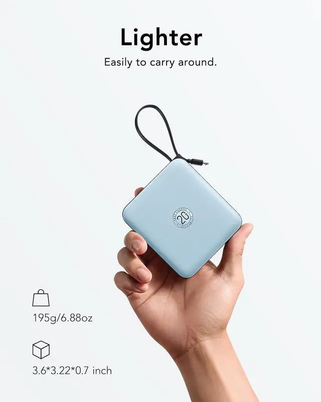 Alt view image 2 of 7 - 10000mAh Portable Charger for iPhone with Built-in Cables PD 20W Fast Charging Power Bank Battery Pack for iPhone 16 15 14 13  Galaxy S25 S24 Series Android Blue(1 Pack)
