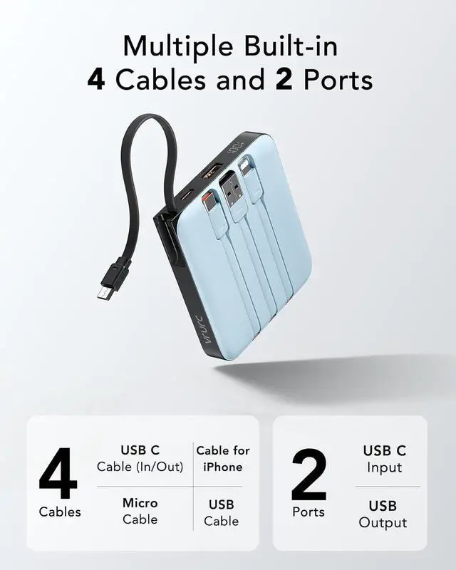 Alt view image 5 of 7 - 10000mAh Portable Charger for iPhone with Built-in Cables PD 20W Fast Charging Power Bank Battery Pack for iPhone 16 15 14 13  Galaxy S25 S24 Series Android Blue(1 Pack)